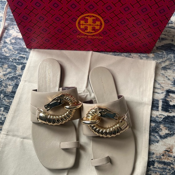 Tory Burch Gold and Cream Sandals with Horse Detail - Picture 1 of 4